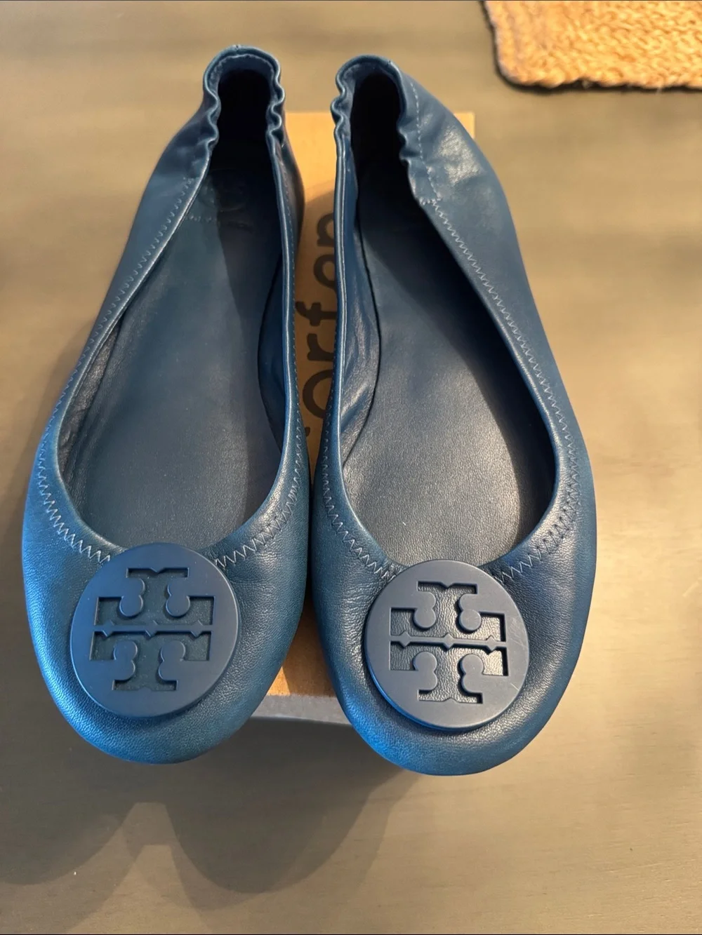 Tory Burch Navy Leather Logo Ballet Flats